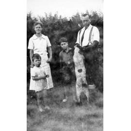 Fred Withnall and his wife, Ollie Withnall, with children Alan and David Withnall and dog, ca 1938 