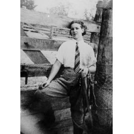 Jane Kelso holding bridle, ca 1938 