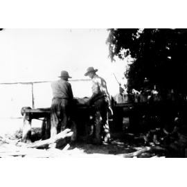 Arthur and Dick Kelso, sawing timber, ca 1940 
