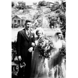 Dot Kelso (nee Cronin) and Dick Kelso, with Marie Cronin, at their wedding, St James Church, Townsville ca 1943 
