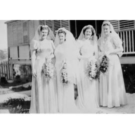 Doris, Jane, Ruth and Ethel Kelso preparing for a wedding at the Cronin family home, Melton Hill, Townsville, ca 1944 