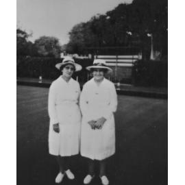 Biddy Neville and Mona Sinclair, at lawn bowls, 1970 