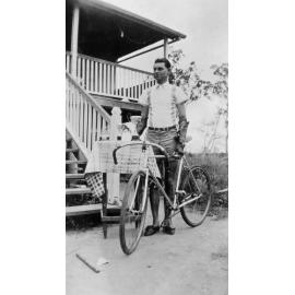 Jim Armstrong with trophies for bike racing, ca 1939 