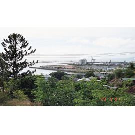 View over the casino and breakwater to the port, Townsville, 1991