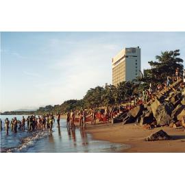 Athletes preparing for a triathlon on the Strand beach, Townsville, 1991