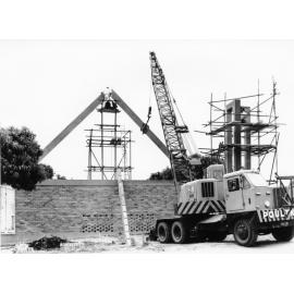Putting roof beams into place, St. Peter's Church, West End, Townsville, 1964. 
