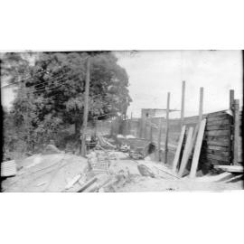 Tramway and stockpile areas during the construction of the new weir at Aplin's weir, Townsville, 1943 or 1944. 