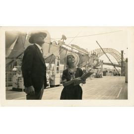 Les Quelch and daughter Elsie on the sports deck of the "Strathnaver", [Sydney]