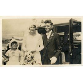 Wedding photograph of Tom and Alma Forno, with Tom's young sister Ruth as flower girl, 18 March 1931