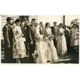 Family photograph from the Quelch Forno collection : The wedding of Beryl Forno and Ron Quelch, at the Hermit Park Methodist Church, Townsville, 9th April 1955