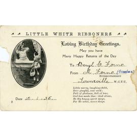 Family photograph from the Quelch Forno collection : Little White Ribboners, Birthday greetings card, 1935