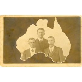 Family photograph from the Quelch Forno collection : Portrait of three men place within a shape of Australia