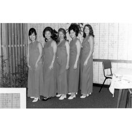 Hong Kong cafe evening uniforms, hot pink, during the Queen's visit, Townsville, [1970]