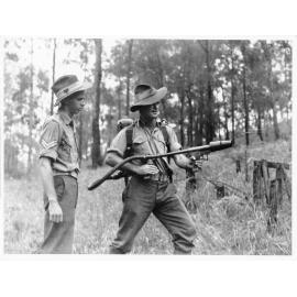 Portable flame thrower being demonstrated in Townsville, 1943
