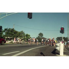 Supervised road crossing on Ross River Road, Kirwan, in front of the Weir Primary School, Townsville, 1991
