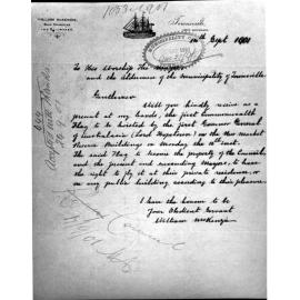 Letter from William McKenzie, on delivery of the first Australian flag to the Mayor and Alderman of the Municipality of Townsville, dated 14th September, 1901