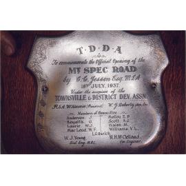 Plaque commemorating the opening of the Mount Spec Road