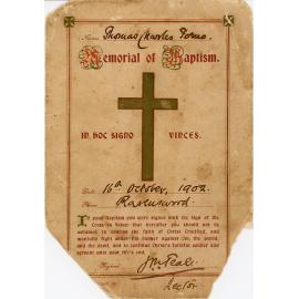 Memorial of Baptism, Thomas Charles Forno at Ravenswood, 1902