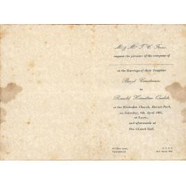 The wedding of Beryl Forno and Ronald Quelch: wedding invitation