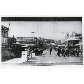 Bands marching up Flinders Street during the Townsville Jubilee Carnival, 1913