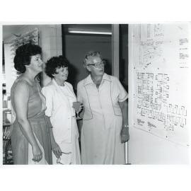 Mrs Helen Bennett, Sister Daphne Roche and Matron Dora Gordon with plans of the new Park Haven Hospital, 1985