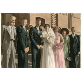 Beryl Forno as the bridesmaid in the wedding party of Pat Hughes and Gordon Wotherspoon, Townsville, 26 November 1954