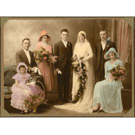 Studio portrait of Tom and Alma Forno and their wedding party, 18 March 1931