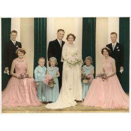 Family photograph from the Quelch Forno collection : Studio portrait of Beryl and Ronald Quelch and their wedding party, 9th April 1955