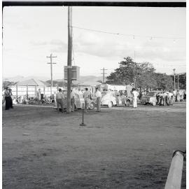 Participants in the Redex Trial 1955 at the Townsville showgrounds checkpoint