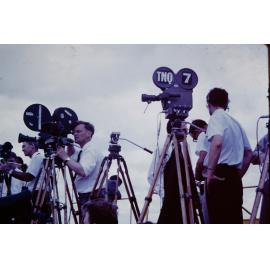 News cameramen preparing for the arrival of U.S. President Lyndon B. Johnson at Garbutt airbase, Townsville, 1966