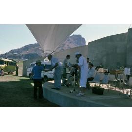 Thuringowa Shire Chairman Dan Gleeson and 4TO radio station personality Steve Price on stage at the Soundshell, South Townsville, 1985