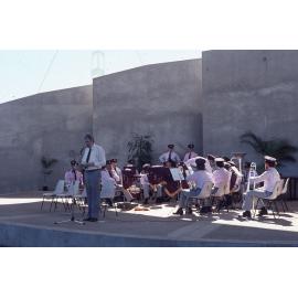 Mayor Mike Reynolds and band on stage at the Soundshell, South Townsville, 1985
