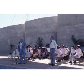 Townsville Mayor Mike Reynolds and Chairman of the Thuringowa Shire, Dan Gleeson on stage at the Soundshell, South Townsville, 1985
