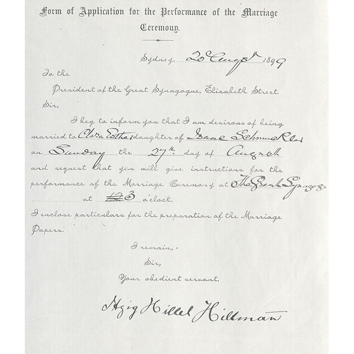 Form of application for the performance of the marriage ceremony for Clara Esther and Isaac Hillel (John) Hillman, 20th August, 1899