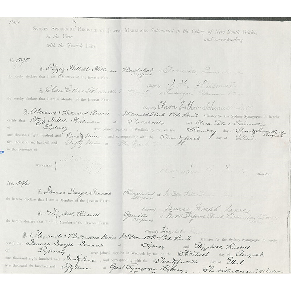 Sydney Synagogue register of Jewish marriages certificate for Clara Esther and Isaac Hillel (John) Hillman, ca. 1899