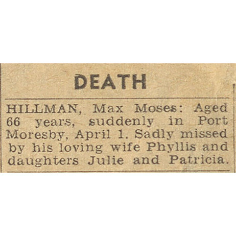 Death and funeral notice for Max Moses Hillman, ca. 1972