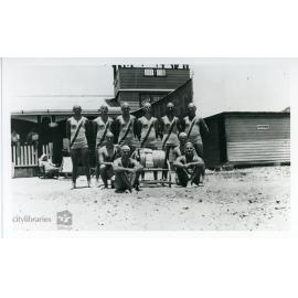 Surf-lifesavers in front of Arcadia Surf -lifesaving club, Alma Bay, Magnetic Island