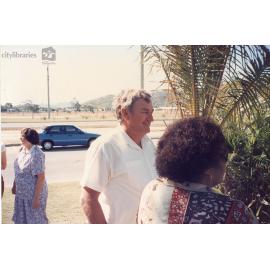 Staff member of Therapeutic Adolescent Residential Assessment Unit (TARA) outside of restaurant, Townsville, ca. 1995