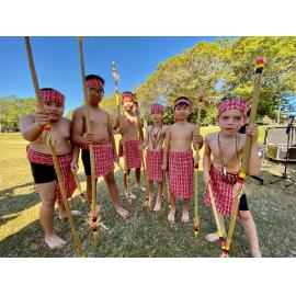 Boys dressed in costume to perform a war dance, Filipino Festival, Townsville, June 2024