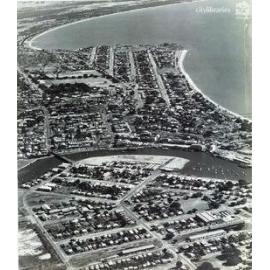 Aerial view of Ross Creek and inner city Townsville, ca 1962