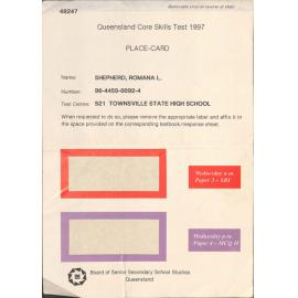 Townsville State High School Queensland Core Skills Test 1997 Place Card