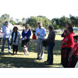 Mayor Tony Mooney speaking with Dr Farvardin Daliri at the launch of Cultural Fest 07, Strand Park, August 2007