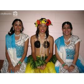 Townsville Cook Island Dancers and Indian Cultural Society dancers preparing to perform at an NQ Cowboys match, Townsville, August 2007