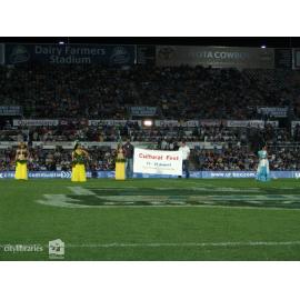 Townsville Cook Island Dancers and Indian Cultural Society dancers performing prior to an NQ Cowboys match, Townsville, August 2007