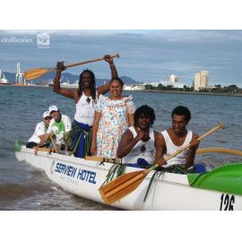 Performers from Townsville Aboriginal and Torres Strait Islander Cultural Centre at a publicity photo shoot on The Strand, Townsville, August 2007