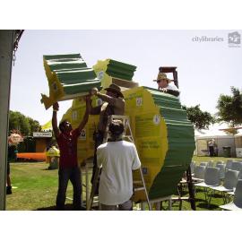 Staff assembling the jigsaw installation, Cultural Fest, Strand Park, Townsville, August 2007