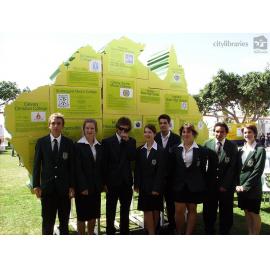School students in front of the jigsaw installation at Cultural Fest, Strand Park, Townsville, August 2007