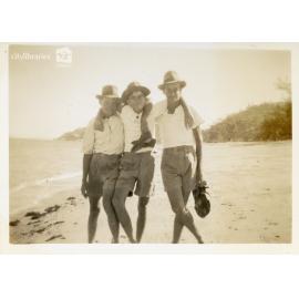 Tom Clemm, Keven Barton and Orton Matthews at Picnic Bay, Magnetic Island, 1 January 1946