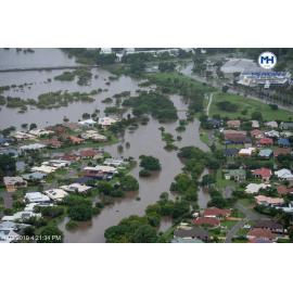 Ross River overruns banks Bowen Road, aerial photograph during floods, Annandale and Murray, 2019.