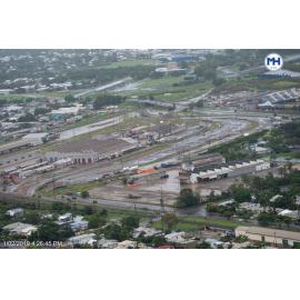 Railway Yards South Townsville, Reid Park, Townsville Civic Theatre, aerial photograph during floods, 2019. 
